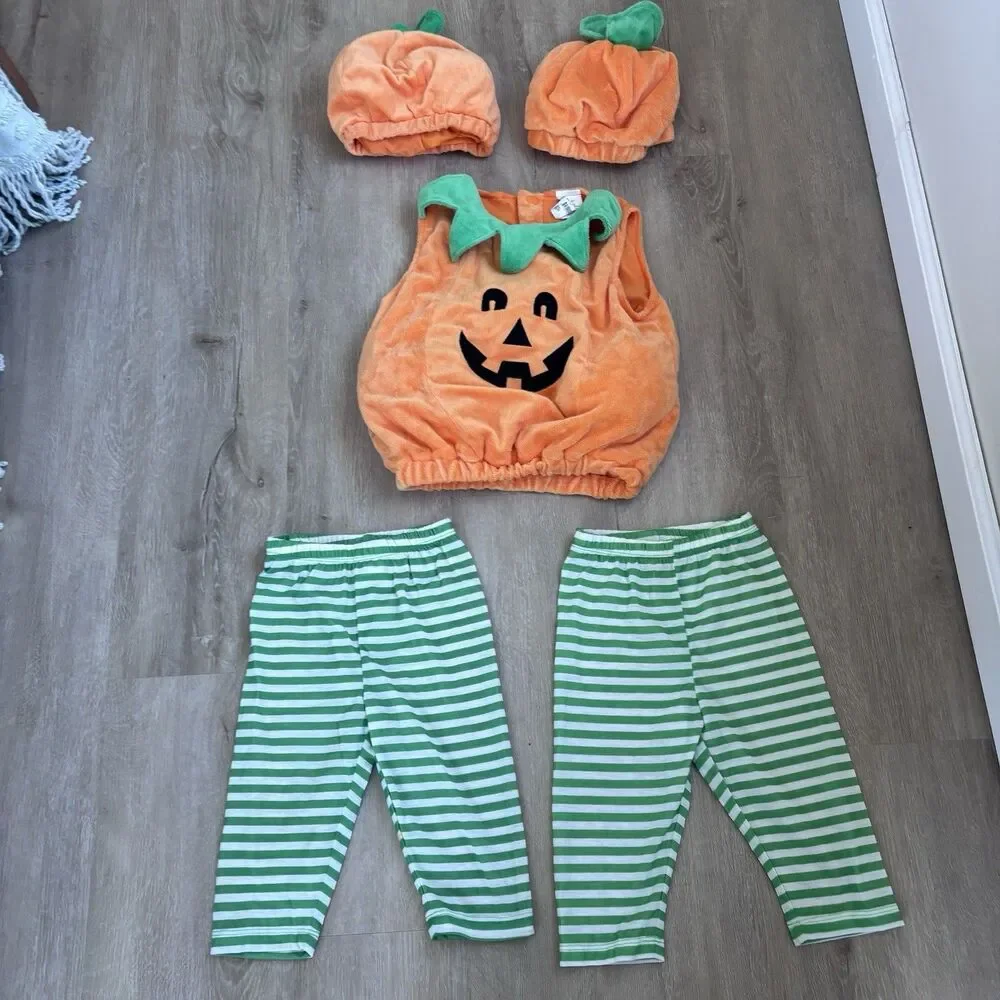 12M Baby Pumpkin Halloween Costume Lot 5pc Set 2 Pants 2 Hats Plush Vest Pumpkin